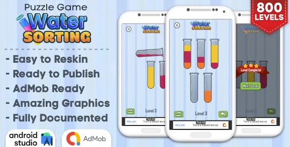 Water Sorting – Puzzle Game Android Studio Project with AdMob Ads + Ready to Publish